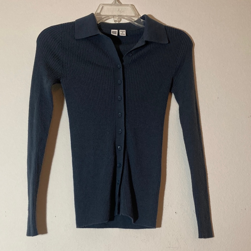 Uniqlo U Blue-ish Gray Ribbed Knit Button Down top XS